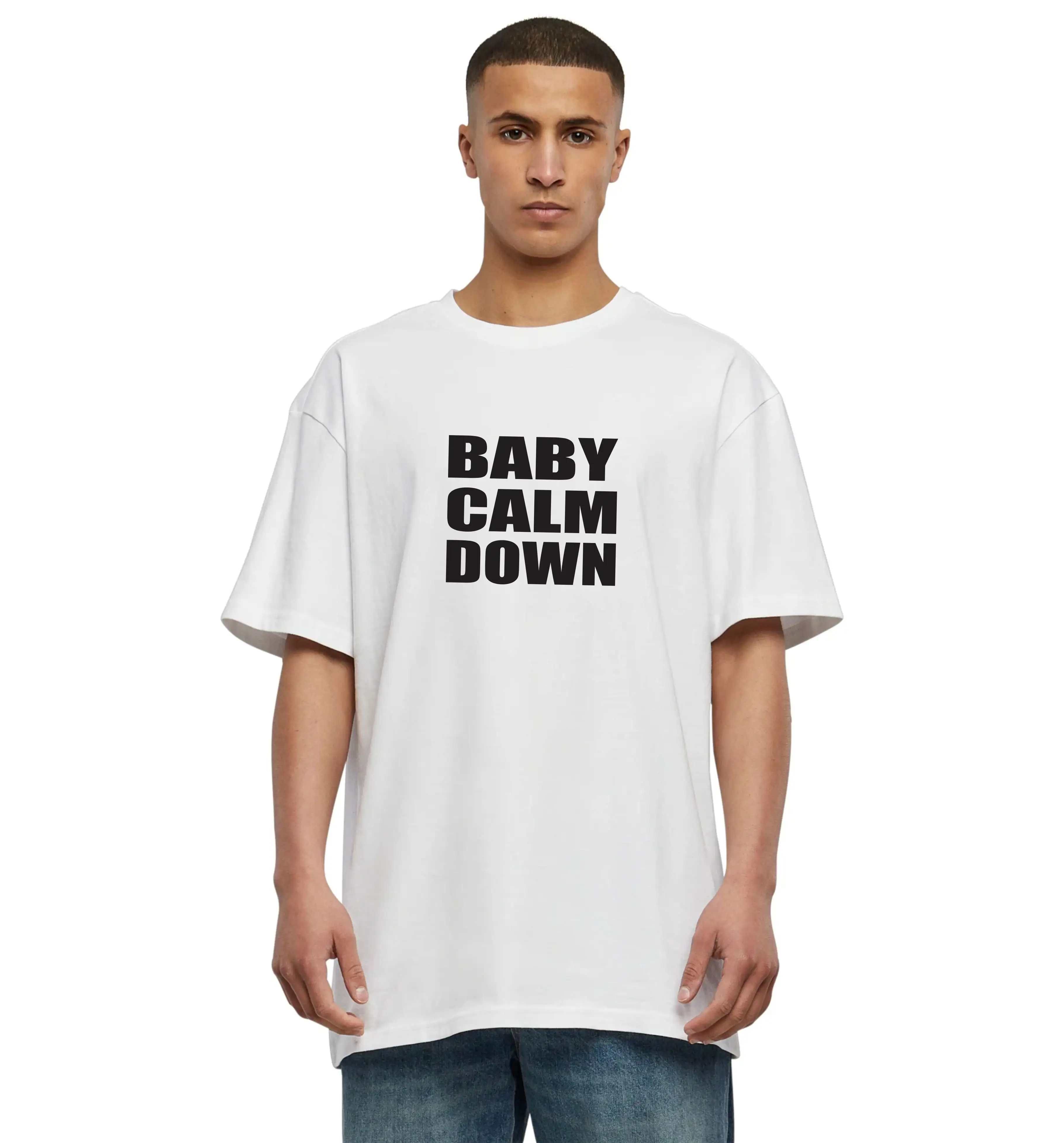 2023 camisetas personalizadas para bebés Calm Down, camiseta de gran tamaño de algodón liso con estampado de pantalla, camiseta blanca de Hip Hop