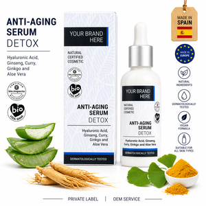 Suero Facial Detox Antienvejecimiento de Marca Privada 30ml OEM |   Ácido Hialurónico, Ginseng y Aloe Vera |   Vegano Orgánico |   Hecho en España, UE - Product Image 1