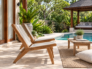 Modern <b>Teak</b> <b>Garden</b> <b>Chair</b> with Woven Seat and Embossed Design Tilting Outdoor Furniture for Poolside Use - Product Image 2