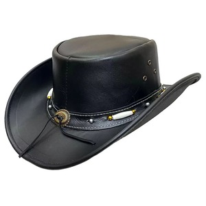Sombrero de Vaquero de Cuero Negro, Estilo Western, para Hombre y Mujer, de Ala Ancha, Casual, para Viajes al Aire Libre, con Concho de Latón, Protección Solar - Product Image 5