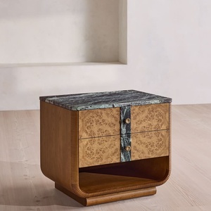 Table de chevet vintage personnalisée en placage de bois de burl avec plateau en marbre, 2 tiroirs, cadre en bois massif courbé pour chambre principale - Product Image 2