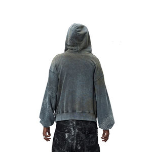 Sudadera con capucha de lana de gran tamaño para invierno para hombre, sudadera con estampado Digital y detalle de diamantes de imitación, cremallera completa, teñido liso - Product Image 1