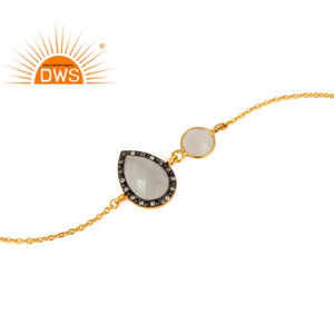 <b>Indian</b> Classic White Moonstone Bracelet 18k Gold Plated Sterling <b>Silver</b> Single Strand Chain Bracelet Jewelry Manufacturer - Product Image 4