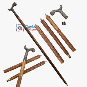 Tanishka Exports Adjustable Brown Wooden Walking <b>Stick</b> for Men Women Handcrafted Carved Flat Shaft Engraved Brass Handle 550gm - Product Image 2