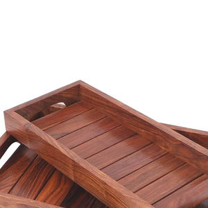 Plateau de service de nourriture en forme de bois naturel vintage fonctionnel pour décor de salle à manger fournitures en vrac rondes de l'inde matériel PC - Product Image 2