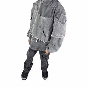 Custom Streetwear Ripped Hoodies Hombres Stone Acid Wash Doble capa Raw Hem Sudadera con capucha desgastada para hombres - Product Image 6