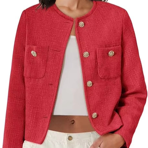 Chaqueta Blazer Corta de Tweed para Mujer, Manga Larga, con Botones, Estilo Casual de Negocios, con Bolsillos - Product Image 1