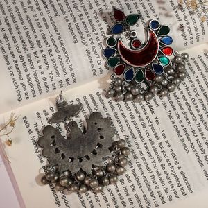 Brass Sterling Silver Plated Bohemian Chandelier Crescent <b>Moon</b> <b>Mirror</b> Earrings Multicolor Vintage Afghan Statement Gift Women - Product Image 2