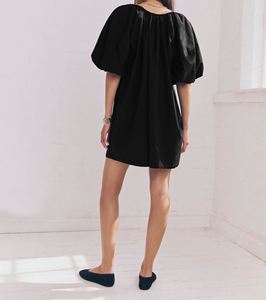 Black 100% Cotton <strong>Jersey</strong> Puff Sleeve Tie Front V-neck A-Line Fitted <strong>Midi</strong> <strong>Dress</strong> Featuring Voluminous Puff Sleeves Plain Dyed - Product Image 4