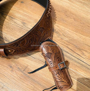 Hot Selling Custom Handmade <b>Tooled</b> Genuine <b>Leather</b> Western Cowboy Compatible Open Toe Double Rig Adjustable Belt Hunting Holster - Product Image 5