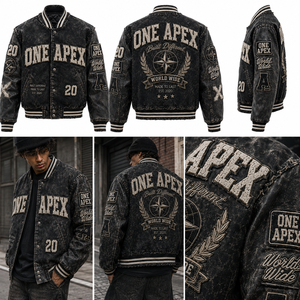 ONEAPEX Custom Black Acid Wash Distressed Vintage Letterman Hooded Breathable Winter <b>Jacket</b> Chenille Patch Streetwear OEM ODM - Product Image 5
