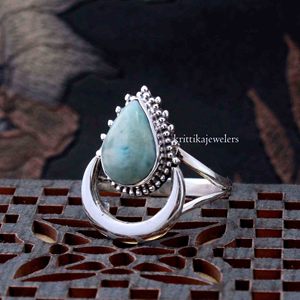 High Quality Handmade 925 Sterling Silver Women's Bohemian Style Wedding <b>Statement</b> <b>Ring</b> Pear Cut Larimar Gemstone Bezel Set - Product Image 2