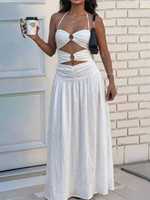 Robe longue décontractée pour femme à fines bretelles, découpes, froncée, dos nu, fluide, respirante, coupe ajustée, couleur unie, pour les vacances, vente en gros
