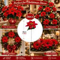 19pcs Bunga Poinsettia Buatan Realistis dari Sutra, Rangkaian Bunga yang Dapat Digunakan Kembali untuk Dekorasi Liburan Natal, Pernikahan, dan Rumah