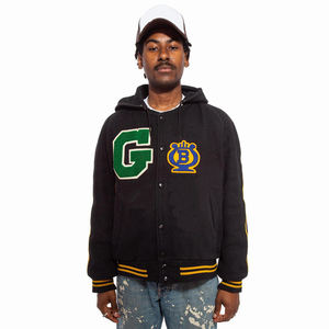 Letterman Bomber Jacket Stand Collar School College Lana Cuero genuino Estilo universitario Tela de lona Logotipo frontal Mangas de béisbol - Product Image 6