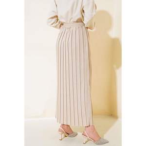 Jupe plissée taille élastique beige longue respirante Style enveloppant décoration pailletée en cuir Spandex nylon soie teinte unie - Product Image 3