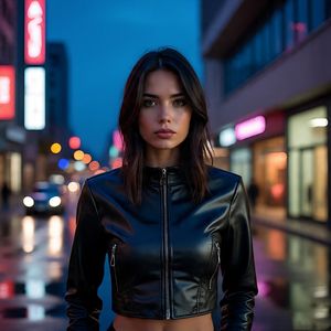 Chaqueta recortada de corte alto para mujer, chaqueta de motocicleta de calle, Chaqueta corta con cremallera para mujer, chaqueta de cuero Pu de Color sólido - Product Image 5