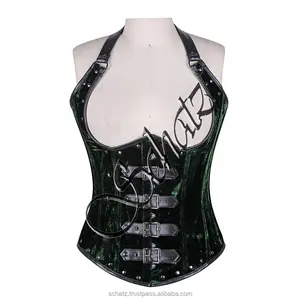 Schatz Underbustรัดตัวกํามะหยี่สีเขียวBustierสายรัดหัวเข็มขัดGothic Steampunkผู้หญิงOverbustรัดตัวเอวBustier Tops