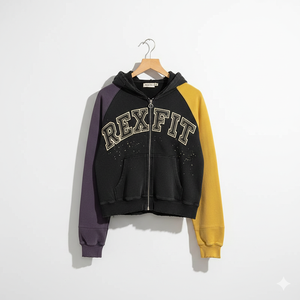 Sweat à capuche zippé RexFit Sports Color Block noir, violet, jaune, en molleton de coton, streetwear, logo personnalisé, unisexe, veste zippée d'hiver - Product Image 6