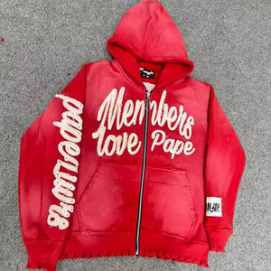 Sudadera con Capucha Vintage de Moda Urbana, Algodón Deslavado al Sol, Estilo Francés, Corta, Desgastada, con Cierre, para Hombre - Product Image 1