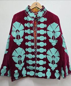 Traditional Bohemian Artisanal Winter Jacket Handcrafted Maroon <b>Velvet</b> Intricate Turquoise Embroidery Floral Pattern Lining Wool - Product Image 1