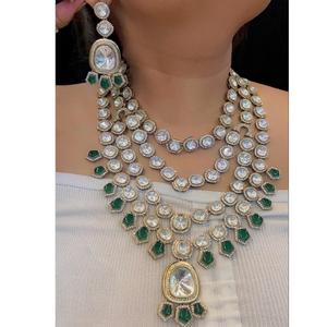 High Quality <b>Moissanite</b> Doublet Gold Plated Stone Look <b>Necklace</b> Set Earrings for Women Designer Jewelry for Wedding Wear - Product Image 1