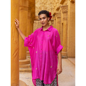 Zarina Oversized Asymmetrical <b>Long</b> <b>Shirt</b>-Solid Modal Silk Button Down for <b>Women</b> - Product Image 1