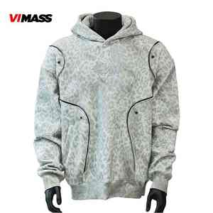 Sudadera con Capucha de Estilo Holgado con Costuras Estratégicas, Logotipo Personalizado, Estampado de Leopardo Gris Claro - Product Image 1