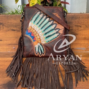 New Hot Selling Hand Tooled Genuine Leather <b>Large</b> Fringe <b>Crossbody</b> <b>Bags</b> for Women's Western Floral Pattern Concealed Carry Purse - Product Image 1