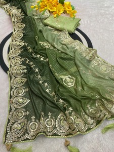 Sari indio de fiesta, elegante, con estampado floral, de organza bordada, con blusa, listo para usar, el más vendido al por mayor para mujer - Product Image 3