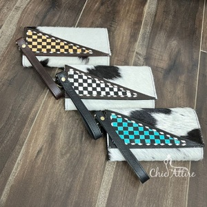 Portefeuille-bracelet en cuir de vachette véritable de luxe, motif à carreaux, fait main, OEM ODM, nouveau modèle - Product Image 1