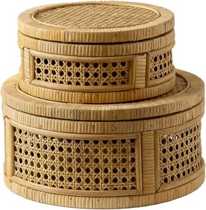High Quality Boho Decorative Rattan Storage Box High Quality <b>Round</b> Woven Cane <b>Basket</b> with Lids for Home Organizer Display - Product Image 1