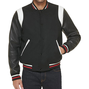 <b>Men's</b> Black Varsity <b>Jacket</b> With PU Leather Sleeves And <b>White</b> Shoulder Panels Regular Fit Autumn Casual Wear - Product Image 2