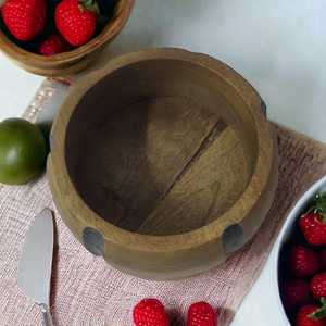 Bol de service à salade de fruits en bois de manguier de luxe antique et contemporain sculpté à la main pour la maison et le jardin Kit d'ustensiles de stockage des aliments - Product Image 3