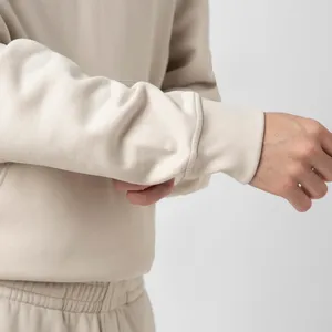 Men's Cream Hooded Sweatshirt Oversized Fit Cotton Fleece Casual Solid Color Pocket Design Autumn Wear - Product Image 3