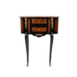 Mesa Consola Clásica de Madera Negra con Dos Cajones, Tapa de Mármol, Patas Curvas, Adornos de Latón e Incrustaciones Decorativas - Product Image 1