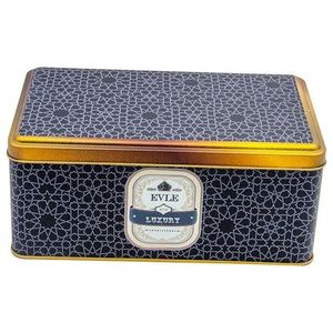 Caja de lata de almacenamiento de Metal Rectangular de 3.1L, 140x240x100mm, patrón geométrico dorado, fondo negro, grado alimenticio, Té reciclable en relieve - Product Image 2