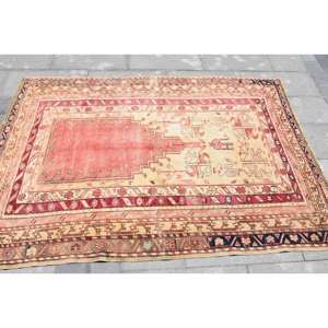 Alfombra turca Vintage 4,4X6,5 pies Rojo Beige Lana Kilim Gran diseño de pasillo rectangular abstracto Látex de 10mm Para áreas grandes - Product Image 3