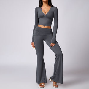 In Stock Women Yoga Sets 2-Pieces Outwork Sports Wear <b>V</b>-neck Yoga Tops With <b>Leggings</b> for Autumn - Product Image 5