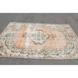 Tapis Turc Vintage 5.3 X 8.8ft Orange Vert Patchwork Laine Latex Support pour Entrée Couloir Style Abstrait 9x12 Rectangle - Product Image 3