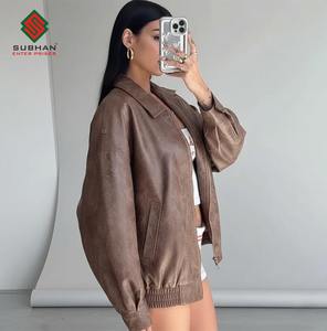 Blouson aviateur oversize en similicuir pour homme et femme, élégant, marron vieilli, manteau d'hiver, fermeture éclair, style vintage décontracté - Product Image 5