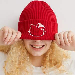 Anime Red Beanies Cartoon Embroidered White Beanie Knitted Hat for Autumn Winter Warm Kitty Beanies for Christmas Halloween - Product Image 1