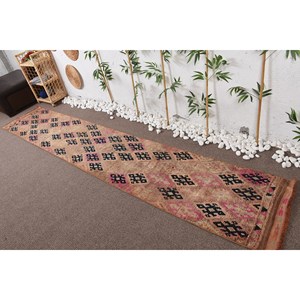 Alfombra turca vintage étnica, beige, rosa, área grande, diseño de retazos rectangulares, alfombra de habitación de látex de lana de estilo clásico (2,1x11,9 pies) - Product Image 1