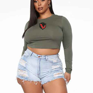 Tops cortos de manga larga de algodón para mujer con cuello redondo, Camisetas básicas ajustadas, camisetas recortadas de verano ecológicas con logotipo personalizado - Product Image 2