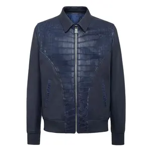 정품 양 가죽 악어 양각 가죽 자켓이있는 남성용 Faham 국제 블루 가죽 보머 재킷