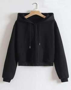 Otoño Invierno mujer bordado polar transpirable 370g sudadera estilo corto capucha cremallera cordón manga larga sólido - Product Image 6