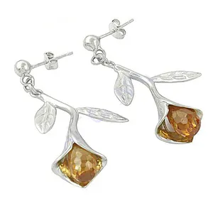 Pendientes de Plata 925 con Hoja de Citrino, Perla de Agua Dulce Vintage Dorada, Diamante, Perla Dorada, Forma de Corazón Floral para Uso Diario de Mujer - Product Image 1