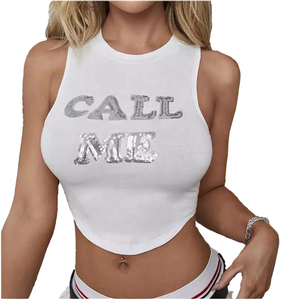 2024 Custom Logo Summer Knitted Cotton Spandex Soft Sequined Girls Tank <b>Top</b> Vest <b>Sequin</b> Word Curved Hem Women Cropped Tank <b>Top</b> - Product Image 1