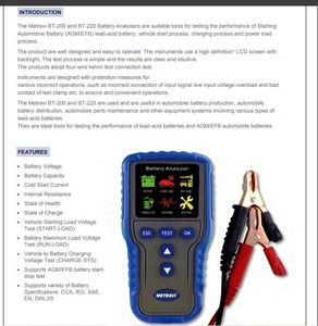 METRAVI <b>BATTERY</b> ANALYSERS BT-220 <b>Battery</b> Compatibility easures voltage, internal resistance, cold start current, SOC, and HOC. - Product Image 1