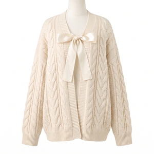 Cardigan en maille torsadée pour femme avec nœud en ruban, pièce superposée confortable à détail nœud, OEM ODM, vente en gros, usine, marque privée - Product Image 3